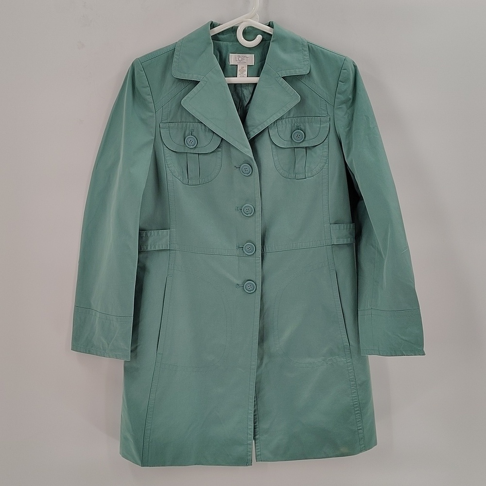 LOFT trench coat button down green size 10P business jacket with pockets